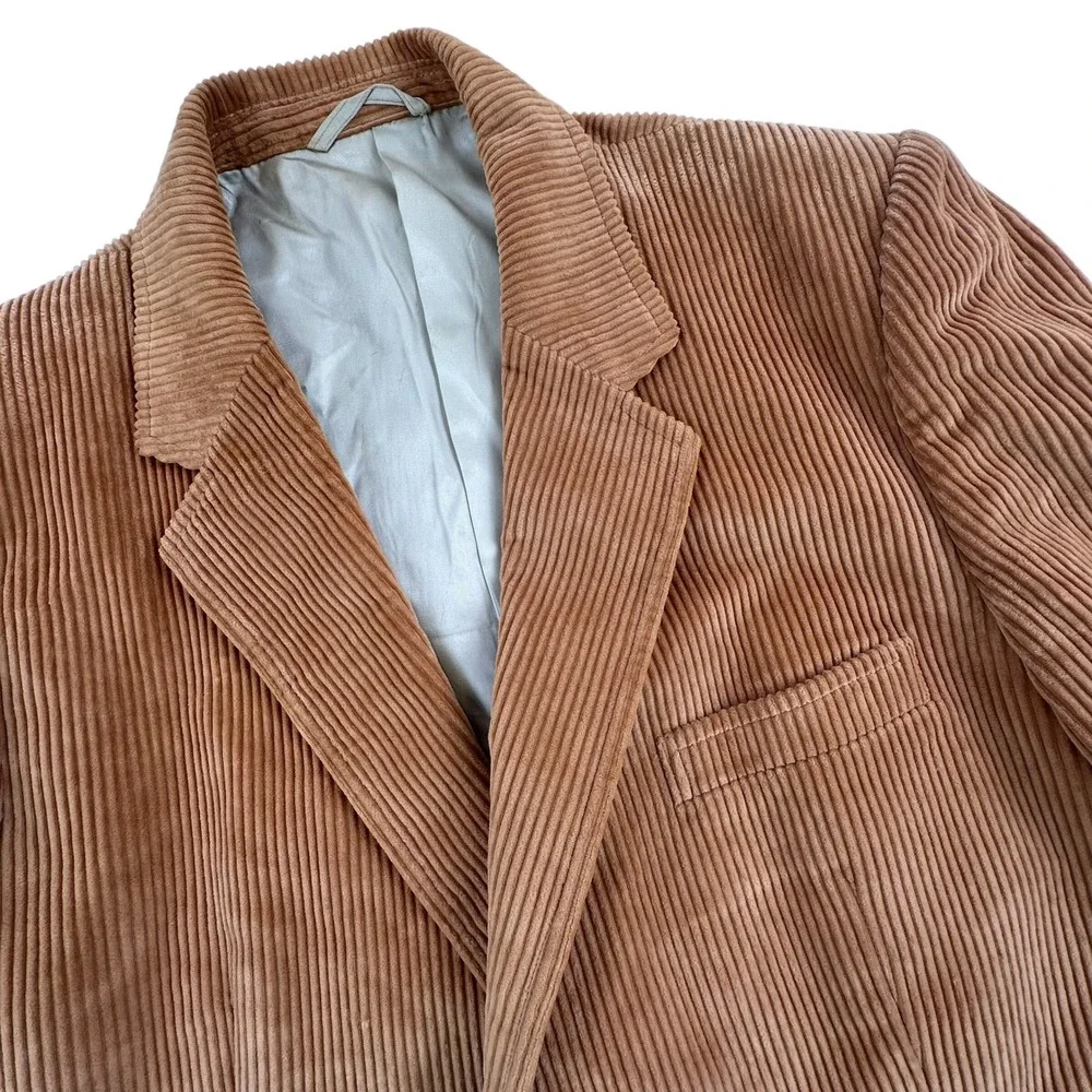 Mens 44L Corduroy Blazer Jacket Brown Vintage Wide Wale‎ Two Button Khaki Cotton